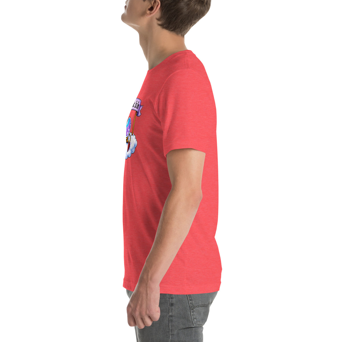 Psychic Is In design, playful floating clouds beneath a banner that reads Psychic Is Open for Business, on a heather red unisex t-shirt, left side view