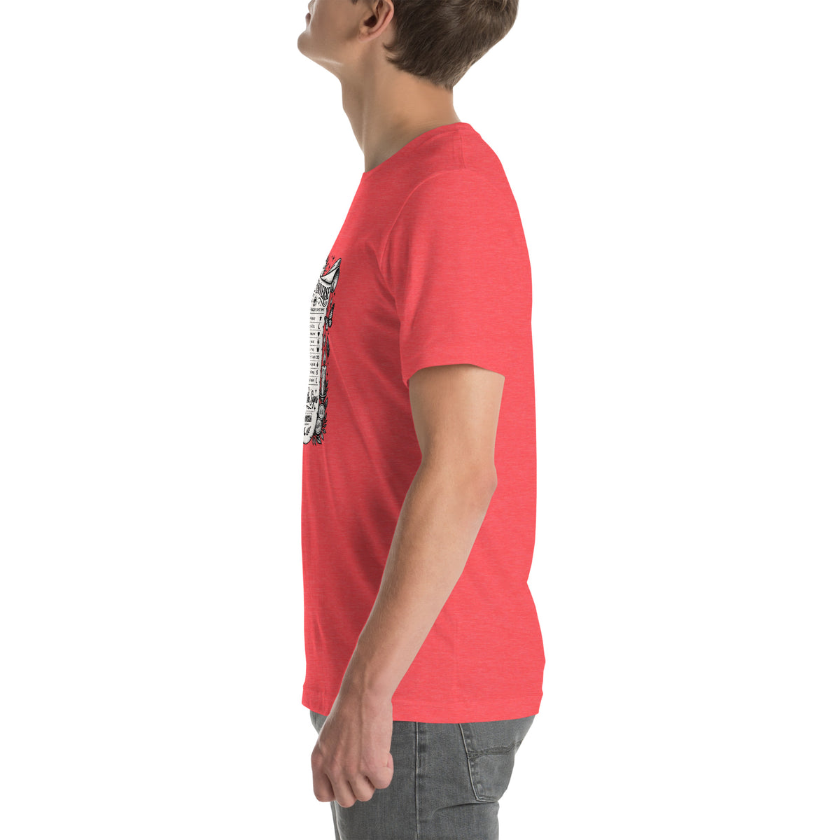 Trust the Signs design, a receipt from the Universe listing the angel numbers and their meanings, with a crystal ball and a candle, on a heather red unisex t-shirt, left side view