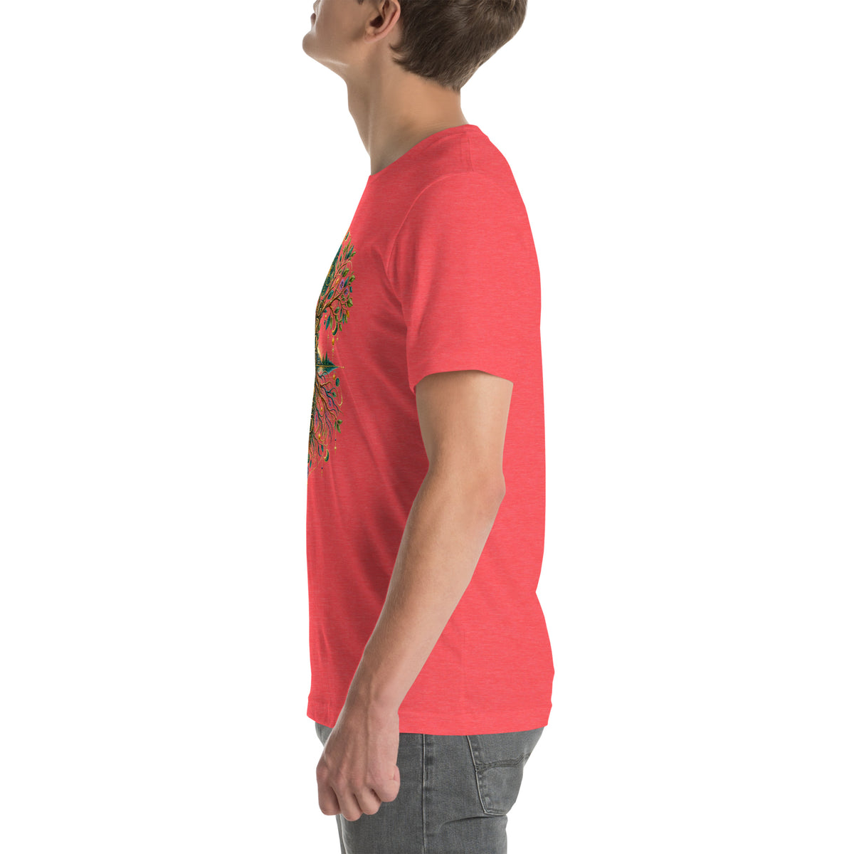 Grounded in Divine Energy design, on a heather red unisex t-shirt, left side view