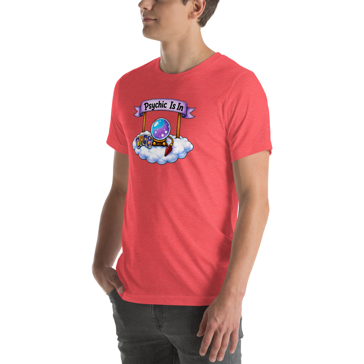 Psychic Is In design, playful floating clouds beneath a banner that reads Psychic Is Open for Business, on a heather red unisex t-shirt, angled left front view
