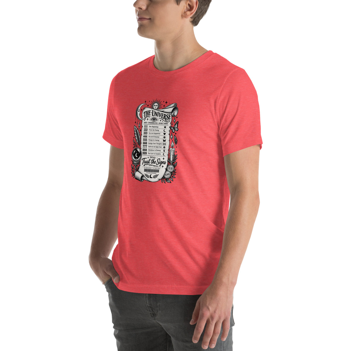 Trust the Signs design, a receipt from the Universe listing the angel numbers and their meanings, with a crystal ball and a candle, on a heather red unisex t-shirt, angled left front view