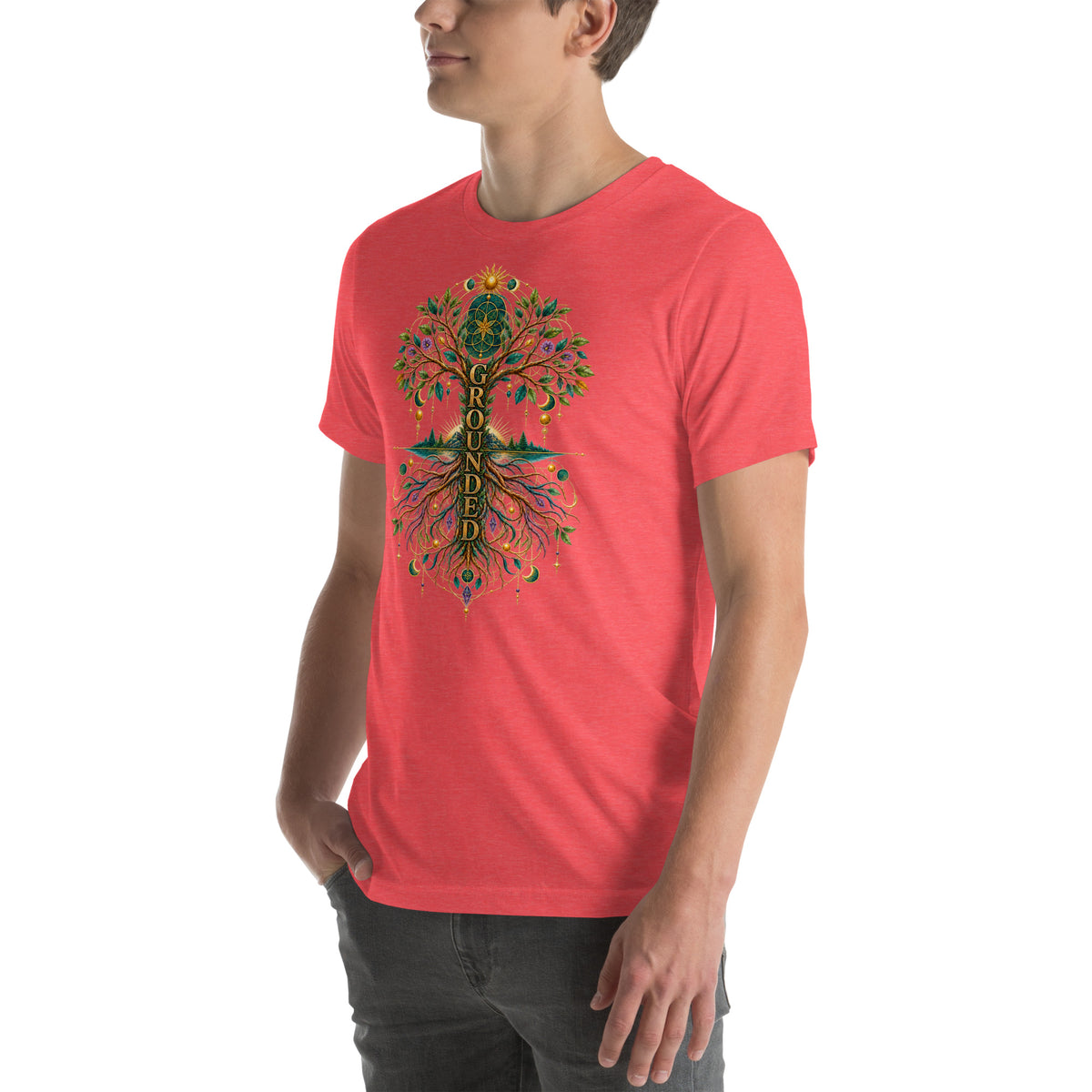 Grounded in Divine Energy design, on a heather red unisex t-shirt, angled left front view