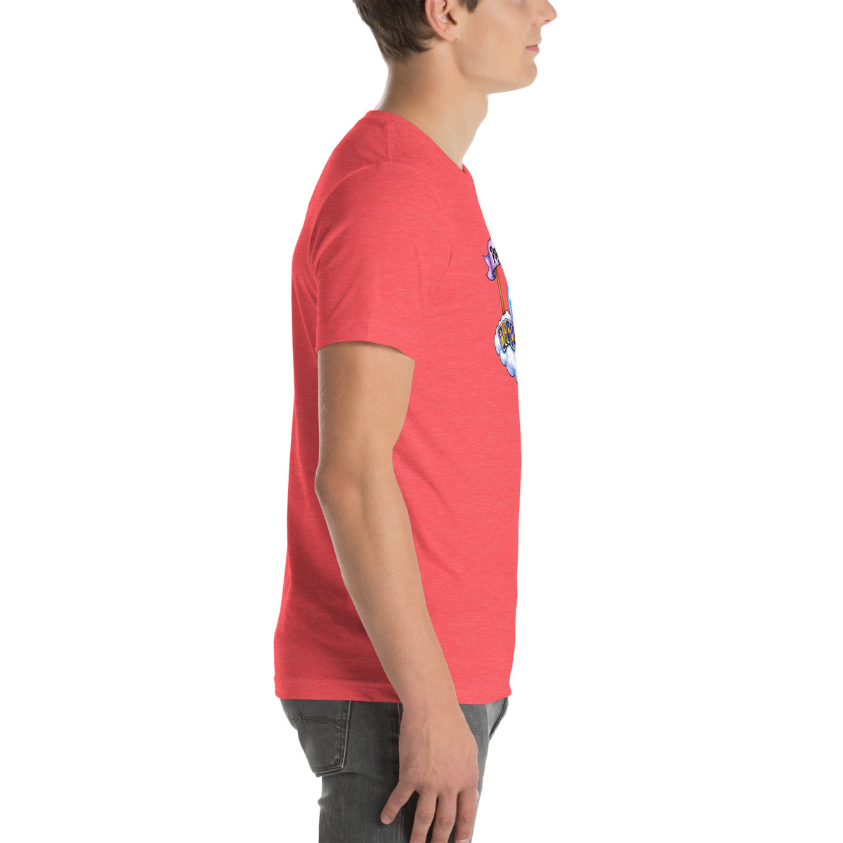 Psychic Is In design, playful floating clouds beneath a banner that reads Psychic Is Open for Business, on a heather red unisex t-shirt, right side view