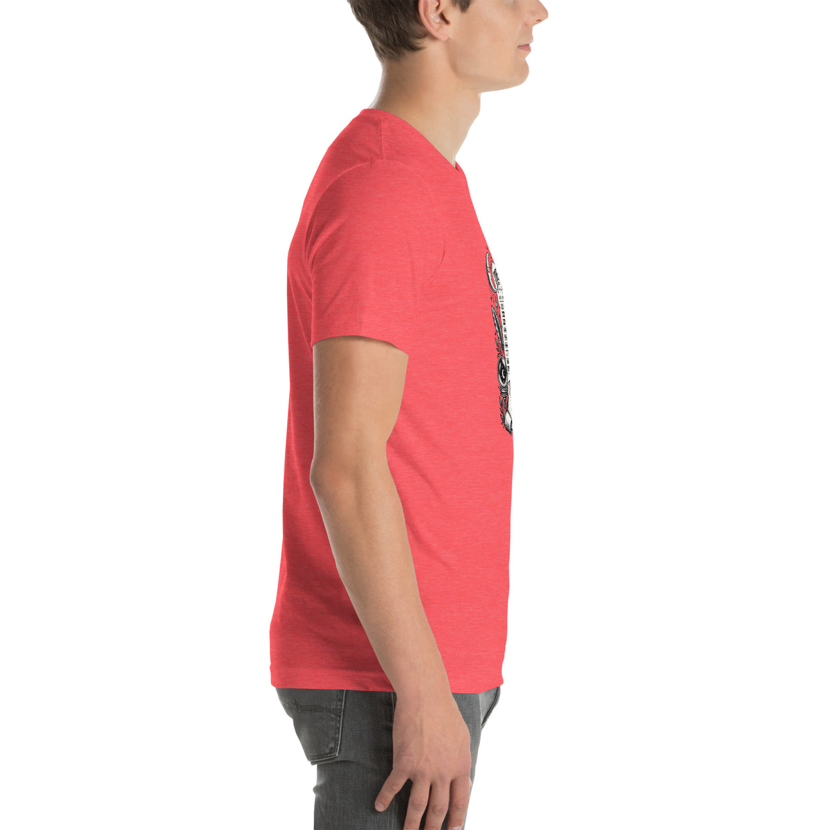 Trust the Signs design, a receipt from the Universe listing the angel numbers and their meanings, with a crystal ball and a candle, on a heather red unisex t-shirt, right side view