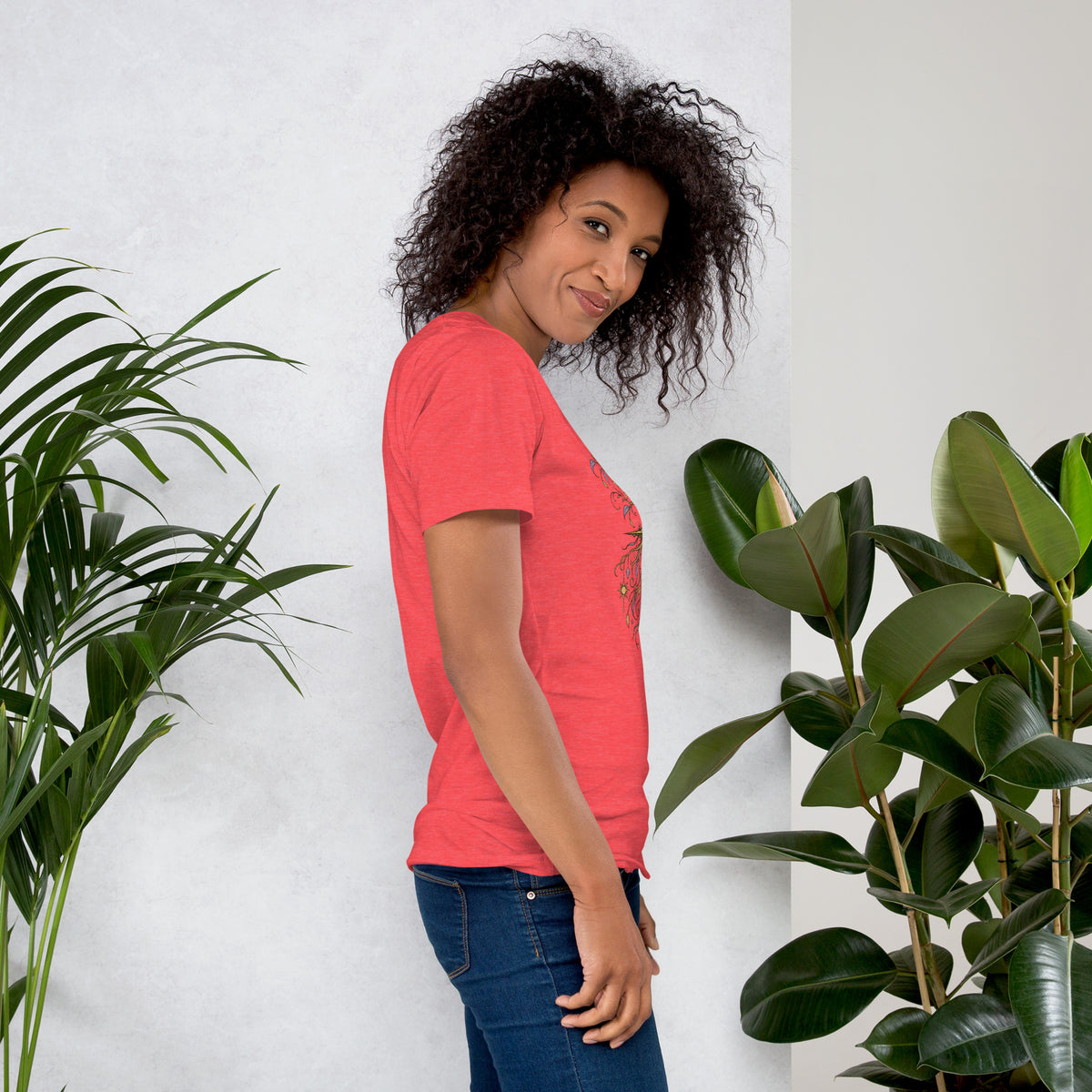 Own Your Grounded Energy design, an ornate tree with gold leaves and crystals in its roots, on a heather red unisex t-shirt, right side view