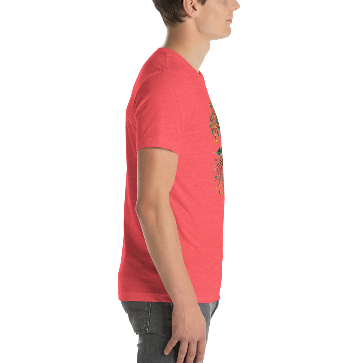 Grounded in Divine Energy design, on a heather red unisex t-shirt, right side view