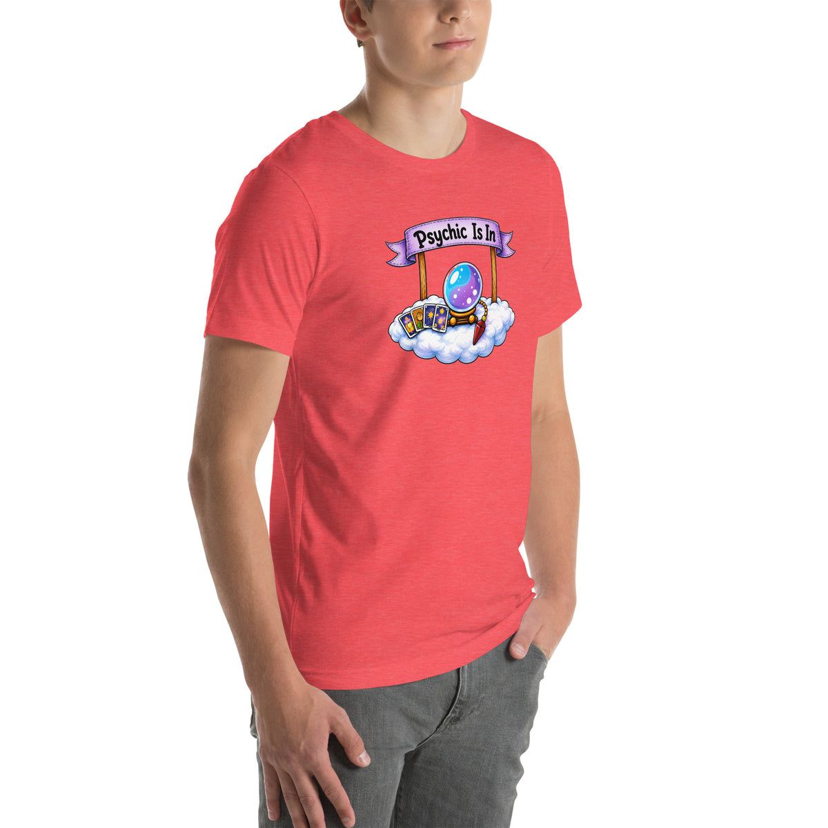Psychic Is In design, playful floating clouds beneath a banner that reads Psychic Is Open for Business, on a heather red unisex t-shirt, angled right front view