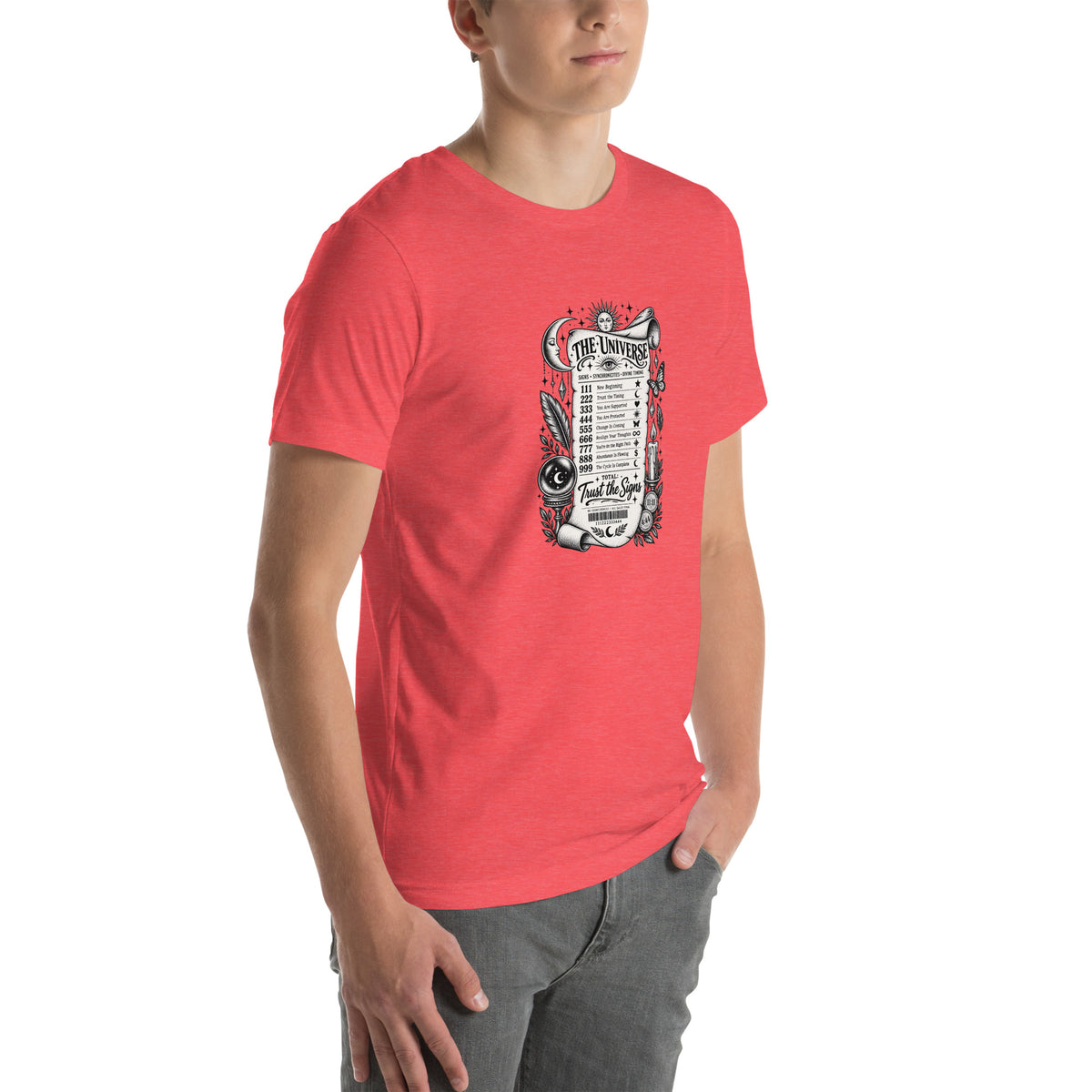 Trust the Signs design, a receipt from the Universe listing the angel numbers and their meanings, with a crystal ball and a candle, on a heather red unisex t-shirt, angled right front view