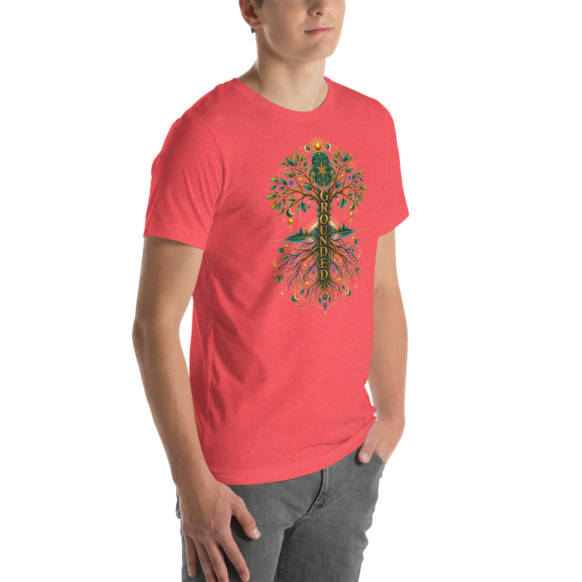 Grounded in Divine Energy design, on a heather red unisex t-shirt, angled right front view