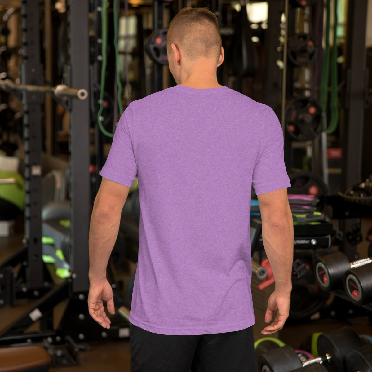 111 Thoughts Become Things angel number design, a golden sunburst with white lotus flowers and amethyst crystals, on a heather team purple unisex t-shirt, back view