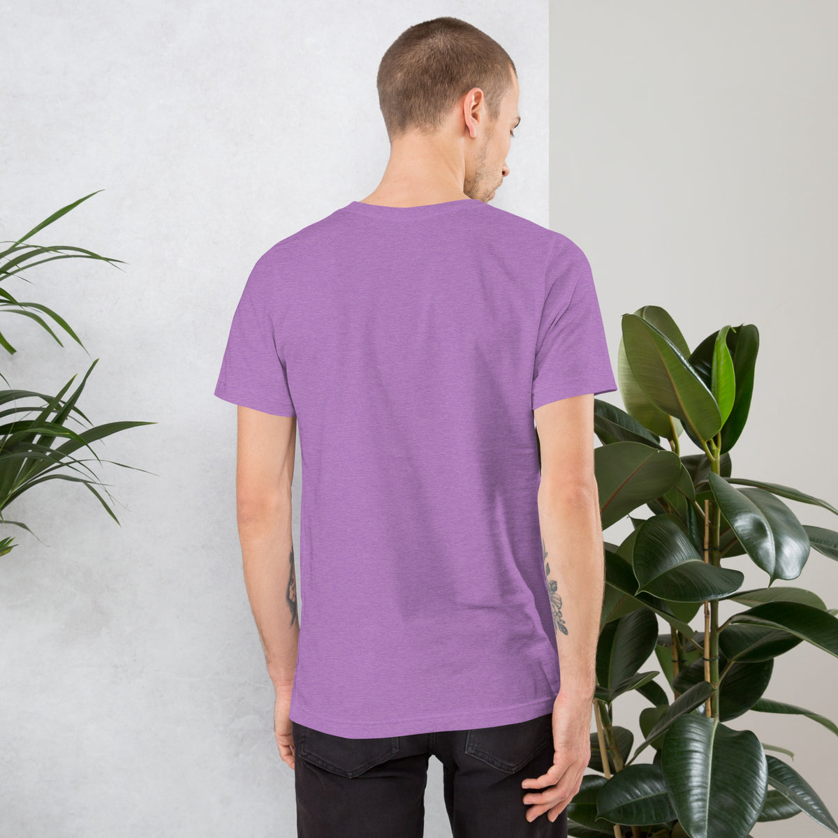 11:11 angel number design, the number set in plain white type above Notice, Align, Receive, on a heather team purple unisex t-shirt, back view