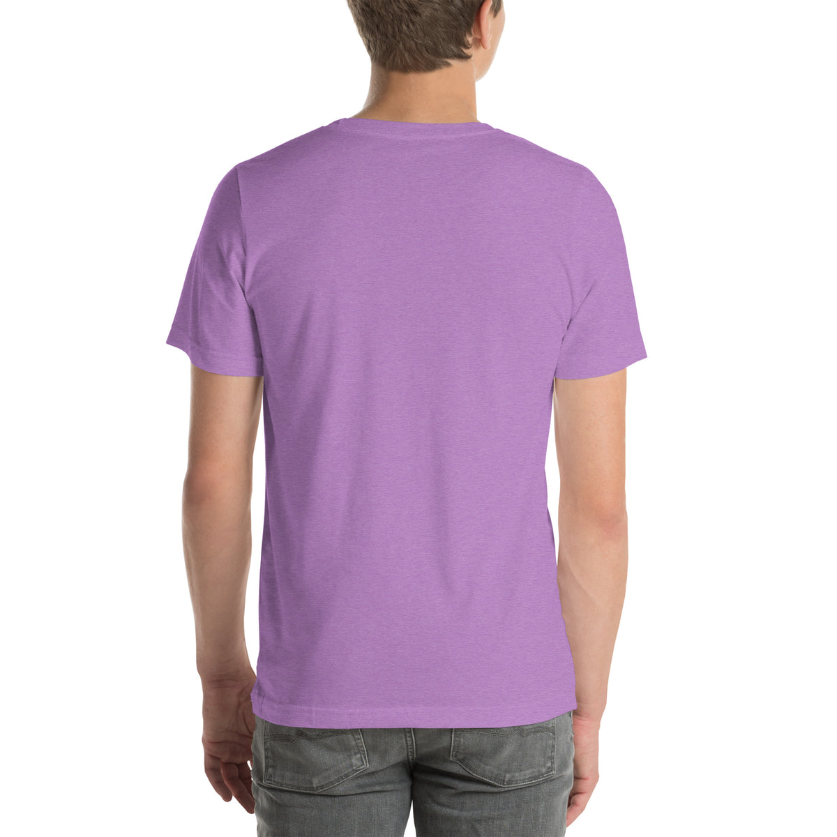 I Am Magic design with a gold sun face, Be Magical collection, on a heather team purple unisex t-shirt, back view