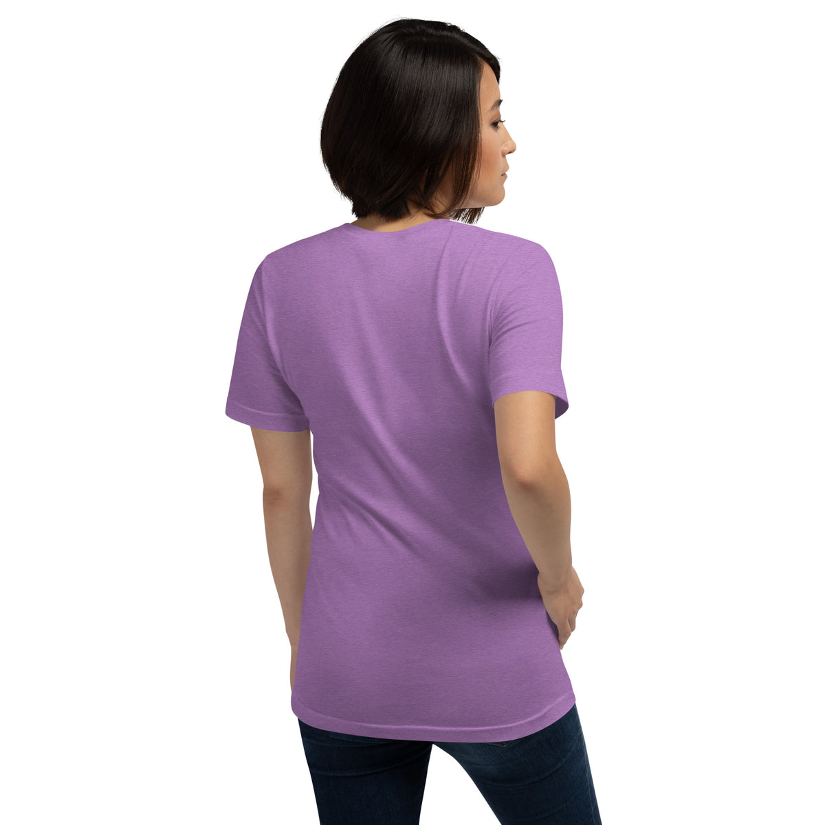 My Book Club Has A Coven Problem dark academia design, a witchy black cat and a stack of spellbooks, on a heather team purple unisex t-shirt, back view