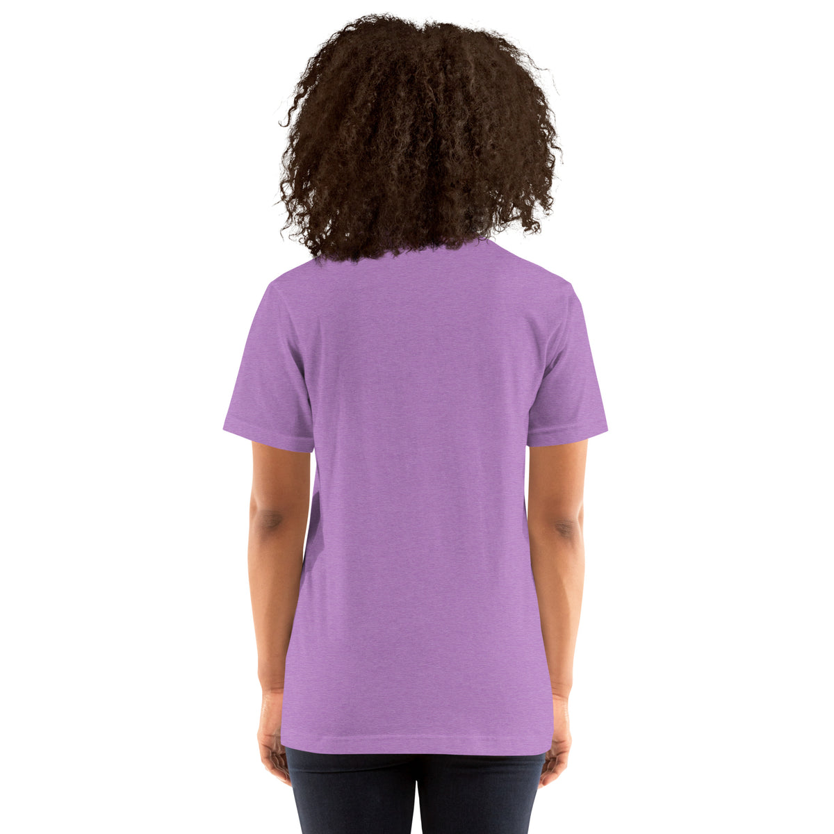 Currently Reading The Signs dark academia design, two black cats asleep over an open book beneath a crescent moon, on a heather team purple unisex t-shirt, back view