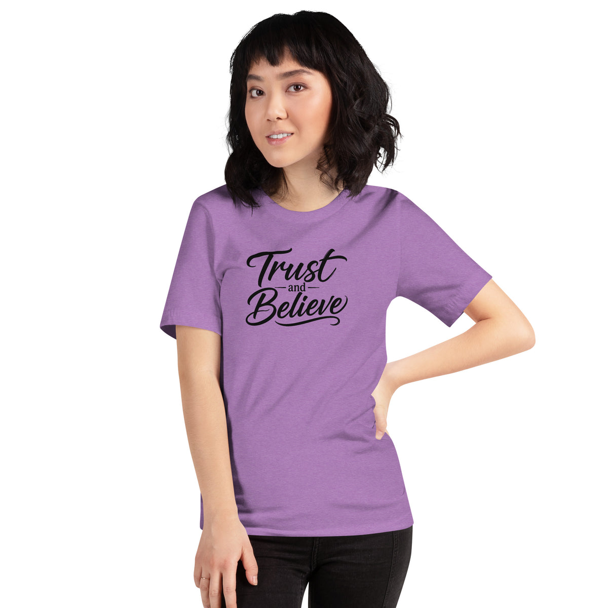 Trust and Believe design in black lettering, on a heather team purple unisex t-shirt, front view