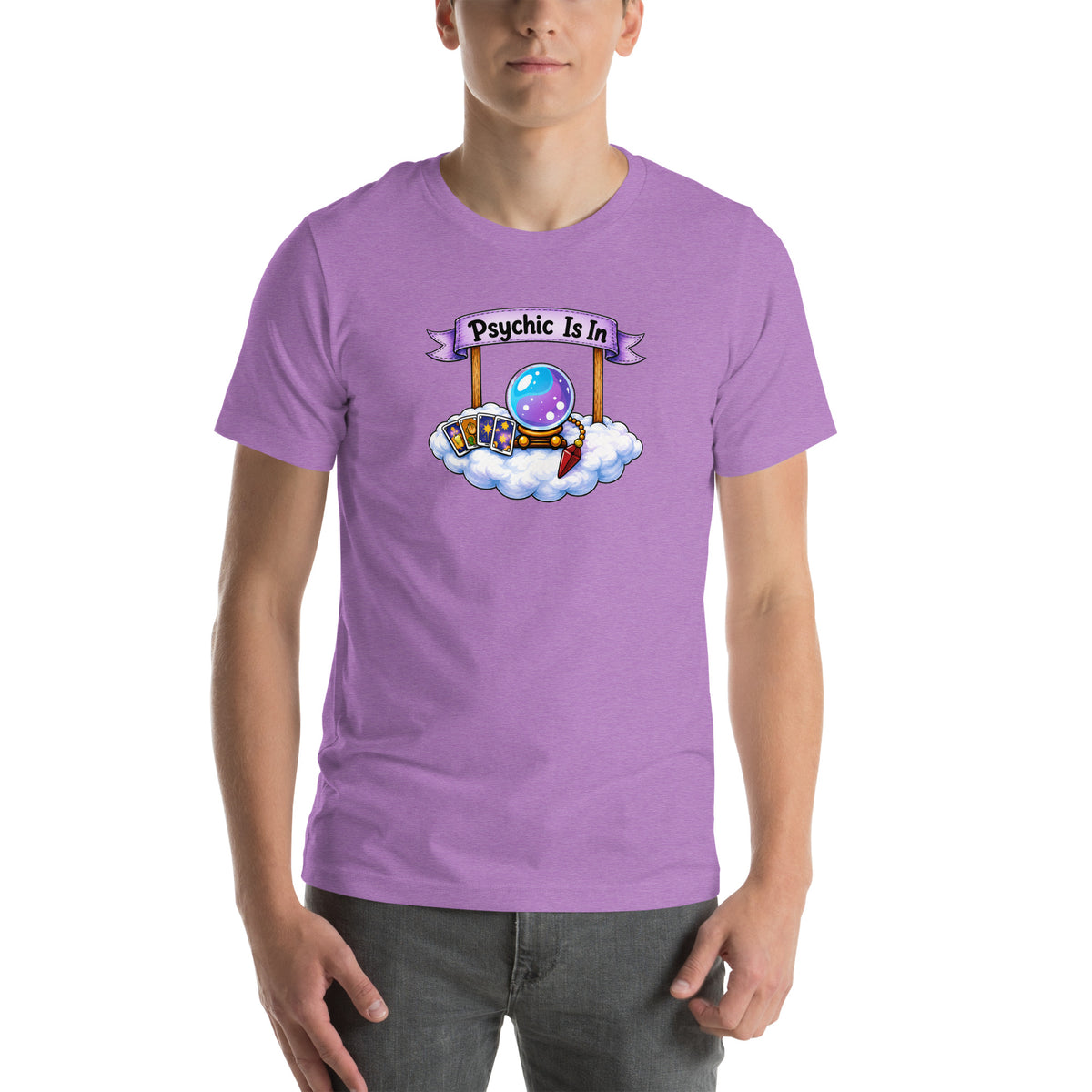 Psychic Is In design, playful floating clouds beneath a banner that reads Psychic Is Open for Business, on a heather team purple unisex t-shirt, front view