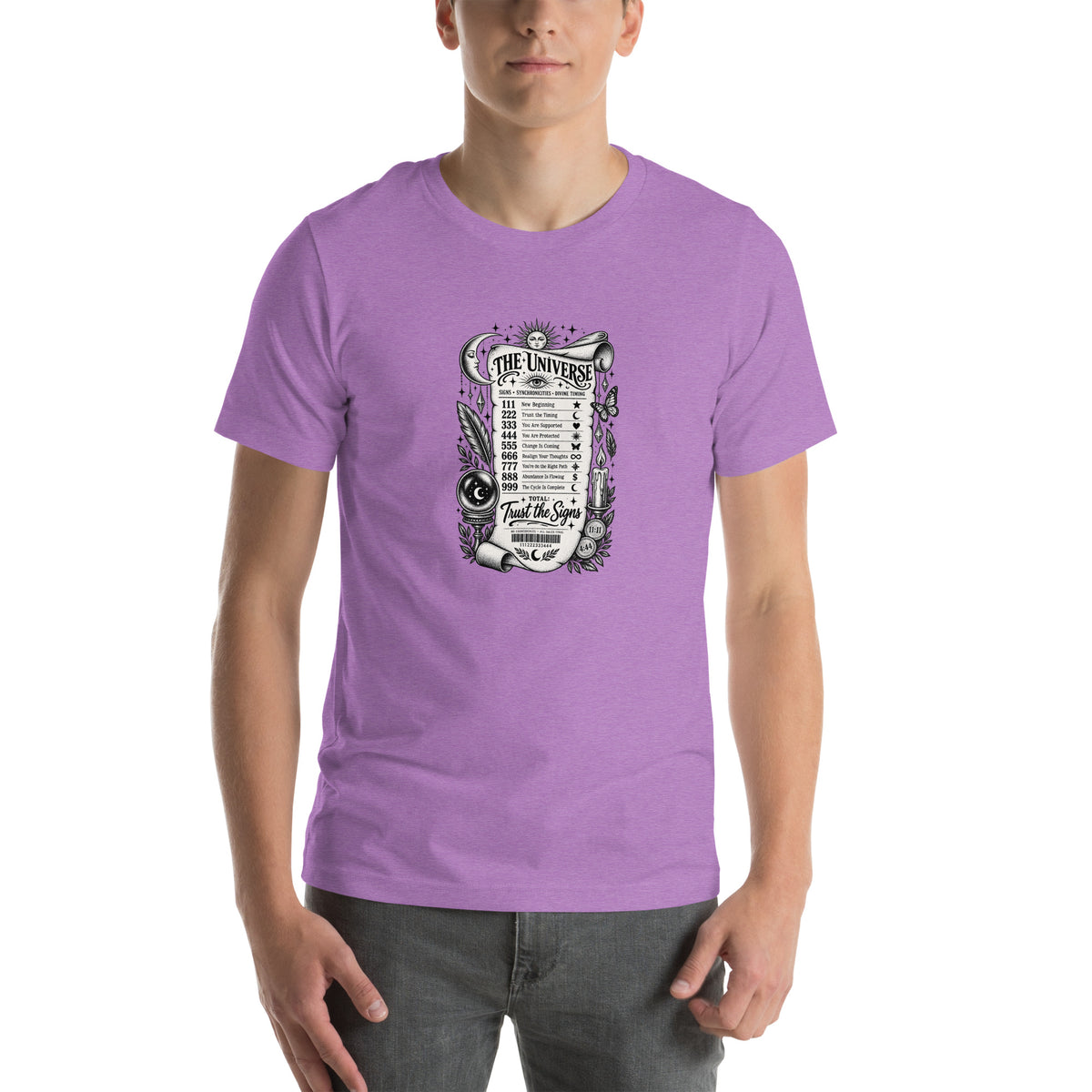 Trust the Signs design, a receipt from the Universe listing the angel numbers and their meanings, with a crystal ball and a candle, on a heather team purple unisex t-shirt, front view