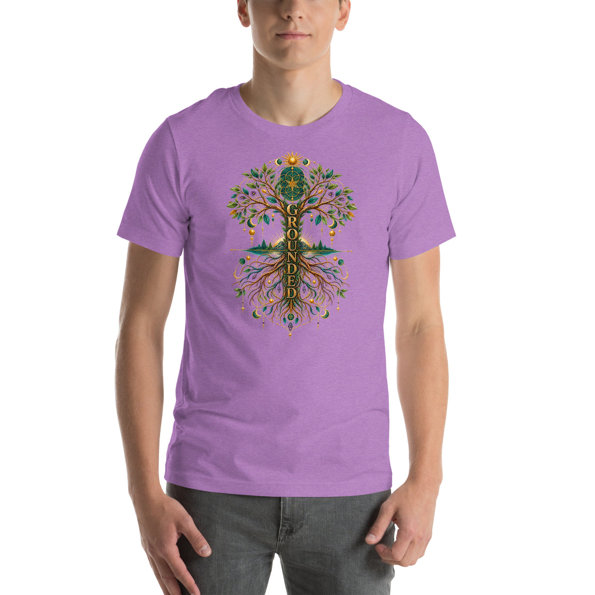 Grounded in Divine Energy design, on a heather team purple unisex t-shirt, front view