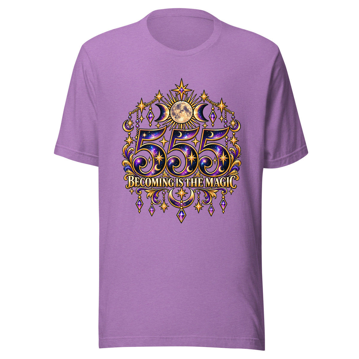555 Becoming Is The Magic angel number design, a full moon between two crescents, hung with gold chains and amethyst drops, on a heather team purple unisex t-shirt, front view