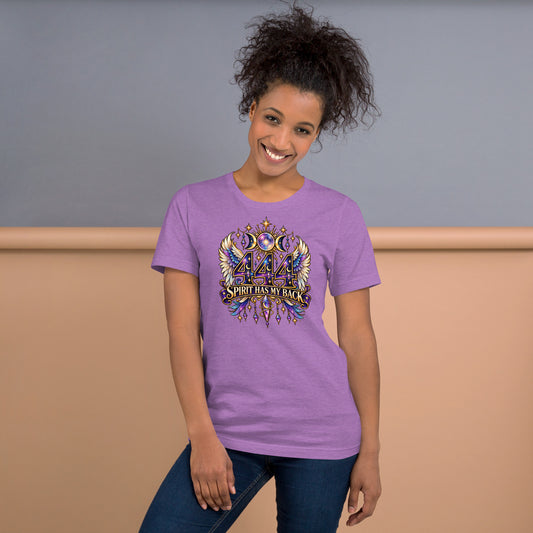 444 Spirit Has My Back angel number design, angel wings flanking the number beneath a galaxy orb and crescent moons, on a heather team purple unisex t-shirt, front view