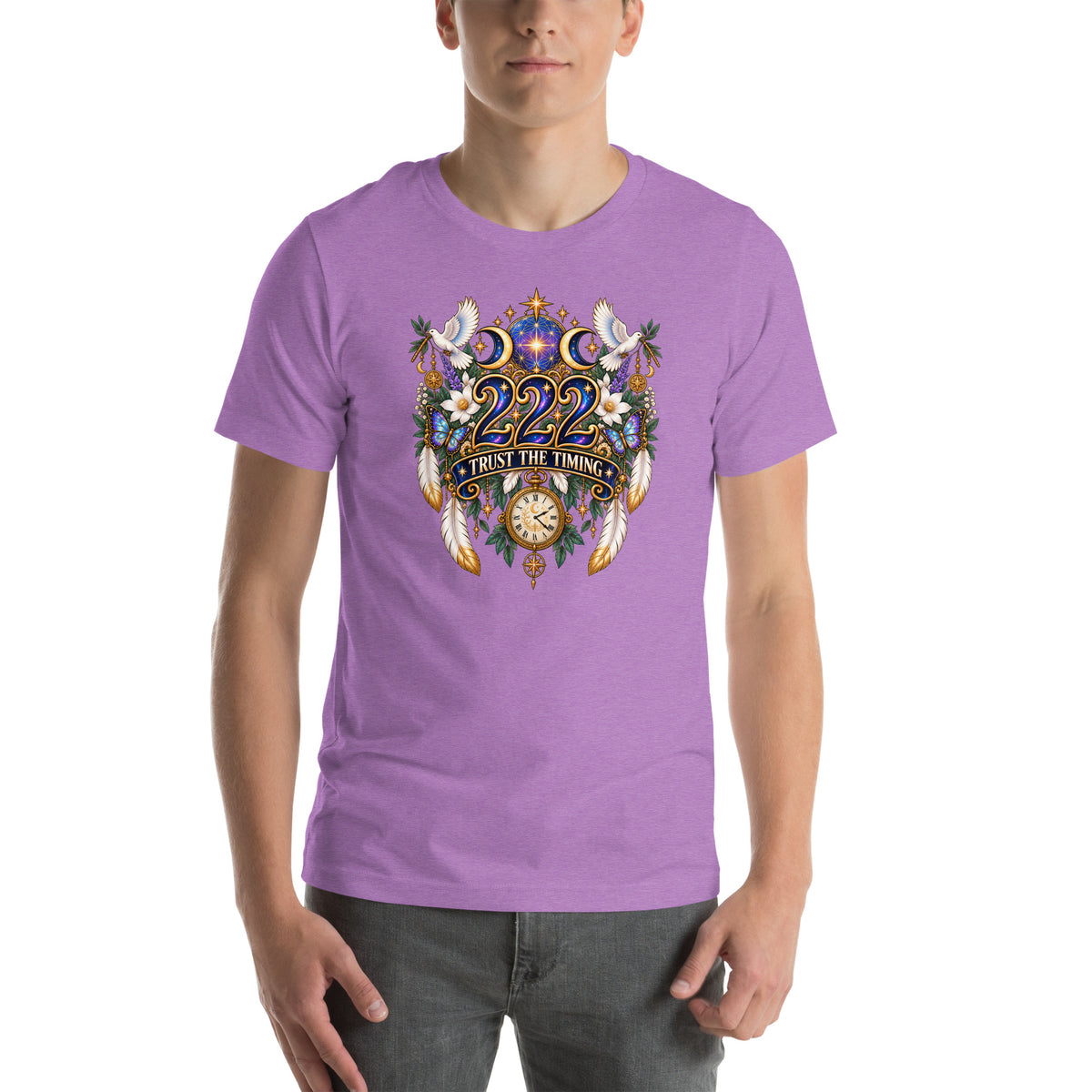222 Trust The Timing angel number design, two white doves with olive branches, a gold pocket watch and white feathers, on a heather team purple unisex t-shirt, front view