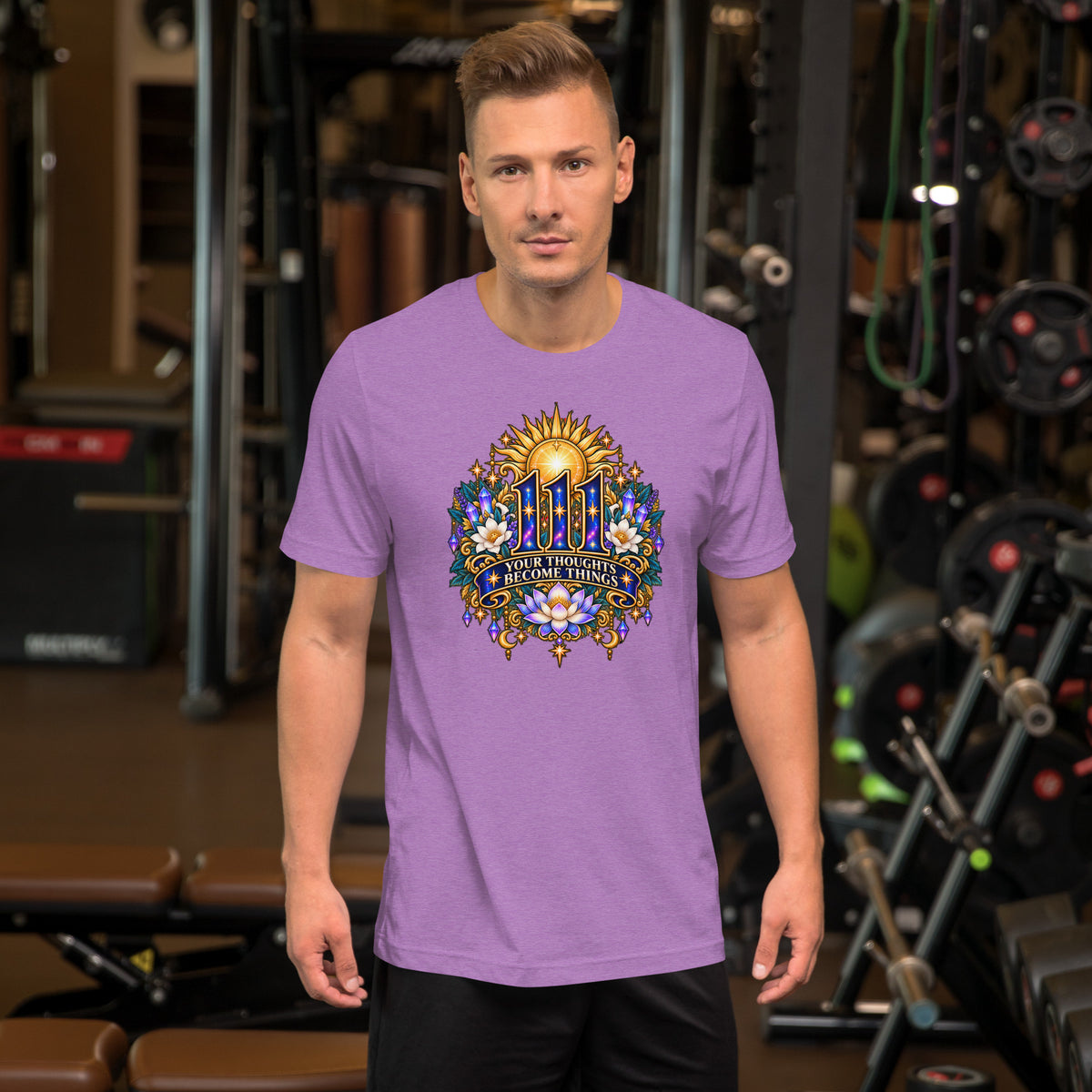 111 Thoughts Become Things angel number design, a golden sunburst with white lotus flowers and amethyst crystals, on a heather team purple unisex t-shirt, front view