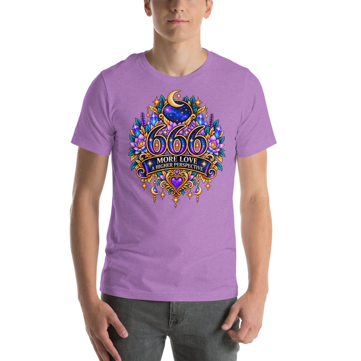 666 More Love angel number design, a crescent moon over a starry orb, with purple lotus flowers and blue crystals, on a heather team purple unisex t-shirt, front view