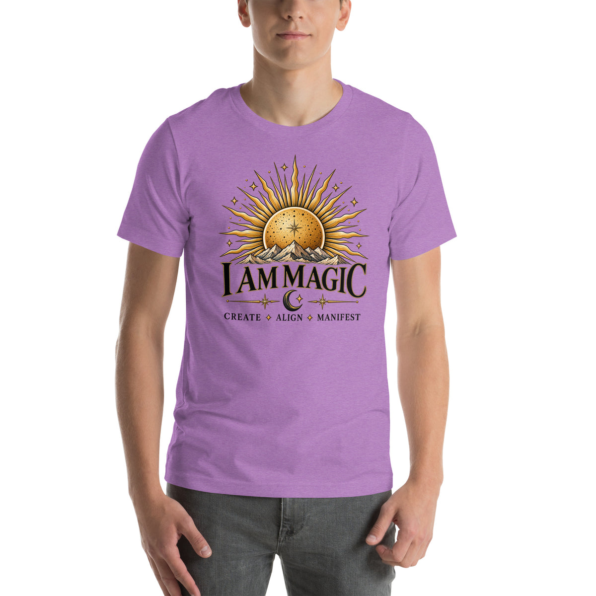 I Am Magic design with a gold sun face, Be Magical collection, on a heather team purple unisex t-shirt, front view
