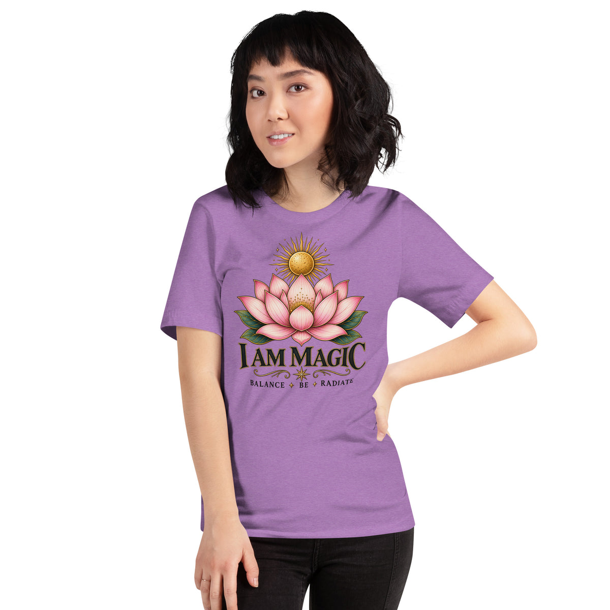 I Am Magic design with a gold lotus, Be Magical collection, on a heather team purple unisex t-shirt, front view