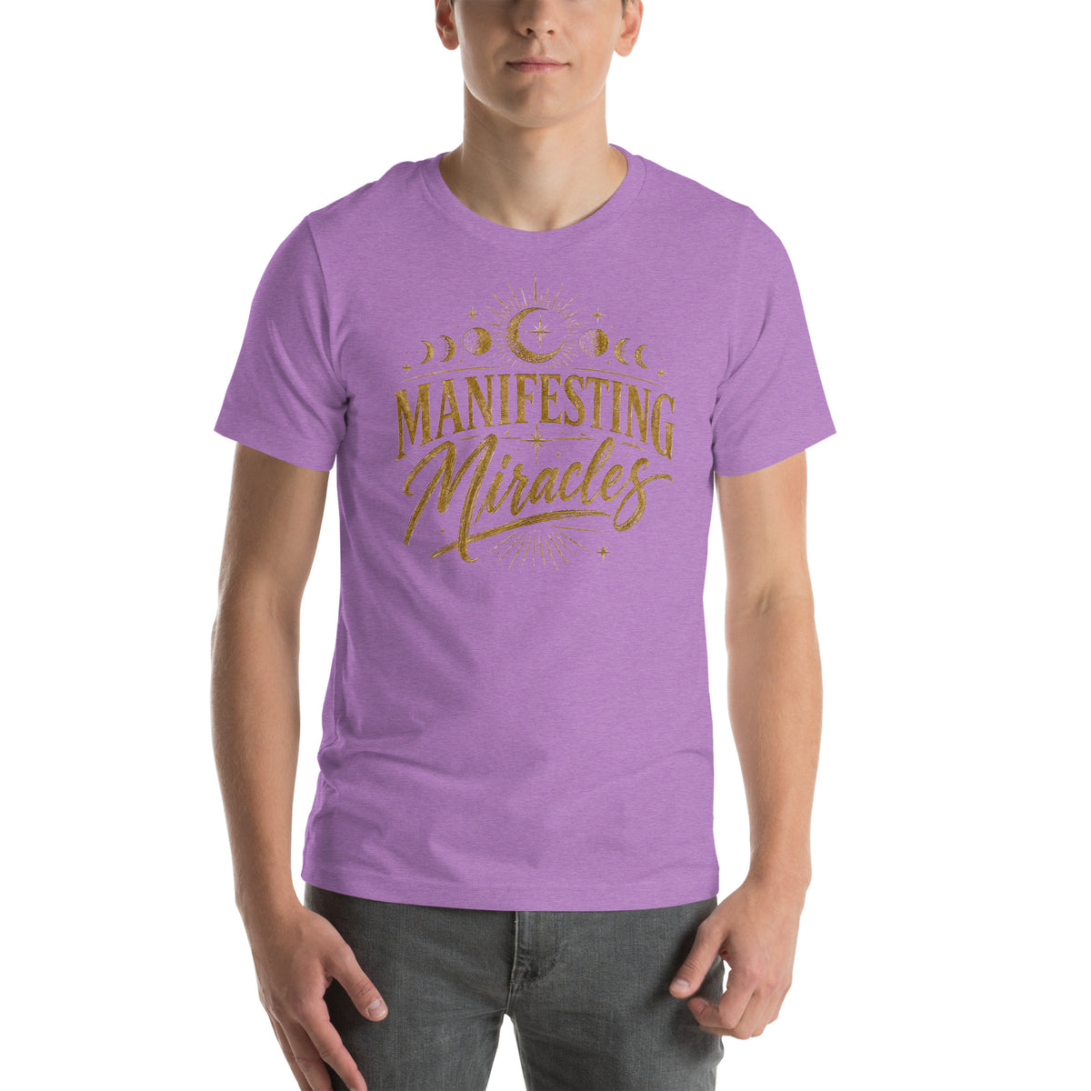 Manifesting Miracles design with moon phases in antique gold, on a heather team purple unisex t-shirt, front view