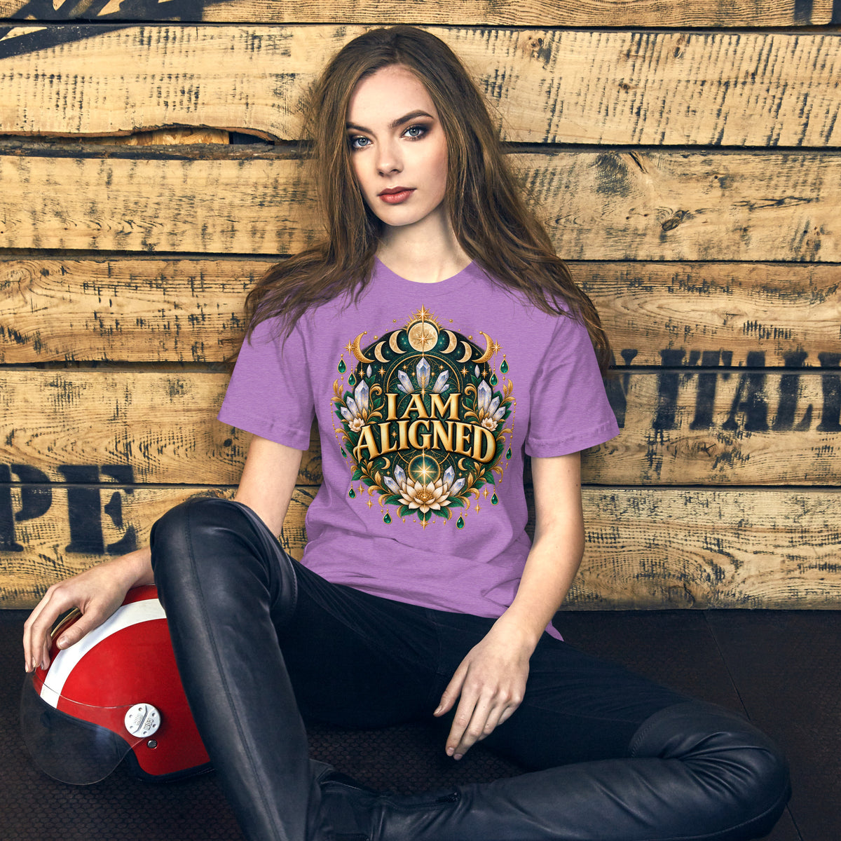 I Am Aligned affirmation design with a lotus, quartz and moon phases in gold, on a heather team purple unisex t-shirt, front view