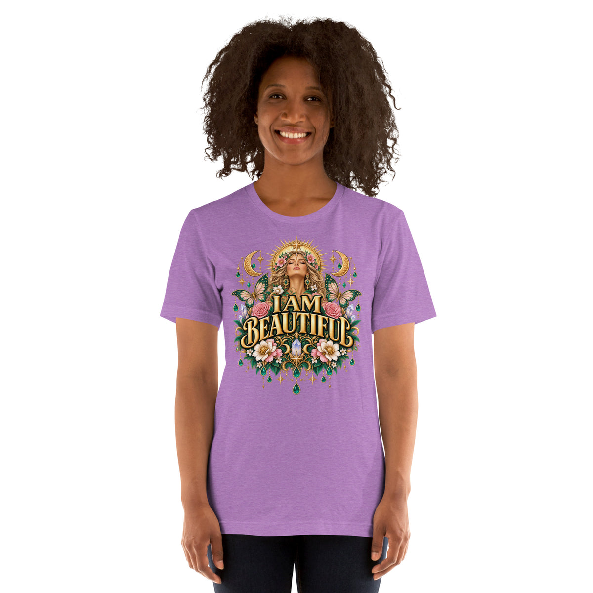 I Am Beautiful affirmation design with roses, butterflies and twin crescents in gold, on a heather team purple unisex t-shirt, front view