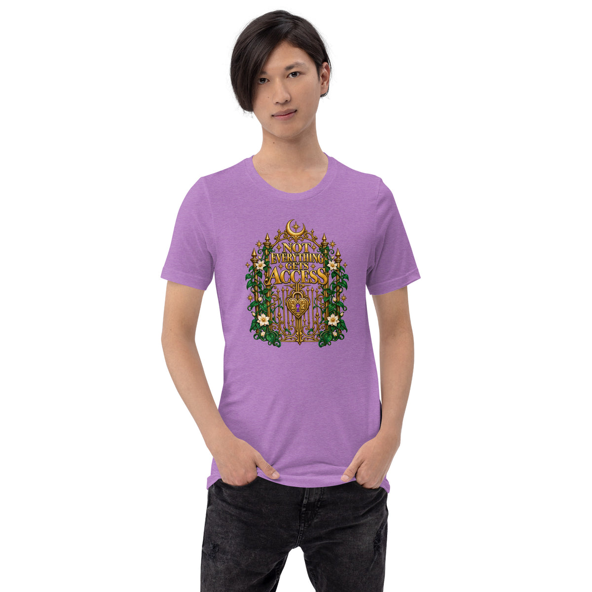 Not Everything Gets Access design, an ornate gold gate with a heart-shaped padlock, framed by ivy and white jasmine, on a heather team purple unisex t-shirt worn by a model, front view