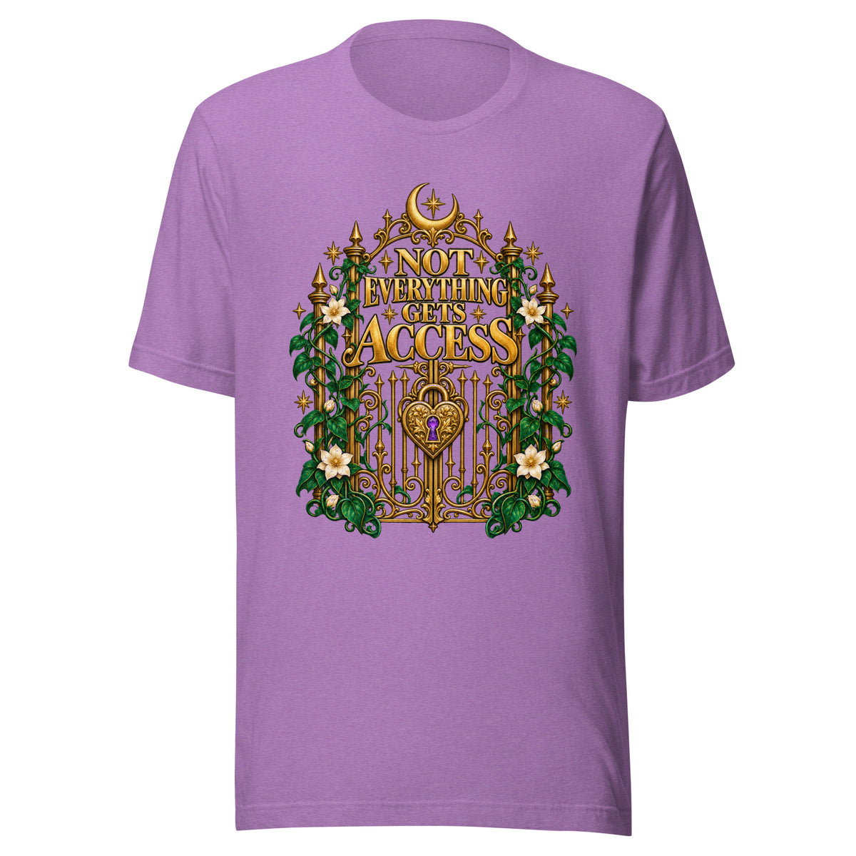 Not Everything Gets Access design, an ornate gold gate with a heart-shaped padlock, framed by ivy and white jasmine beneath a crescent moon, on a heather team purple unisex t-shirt, front view