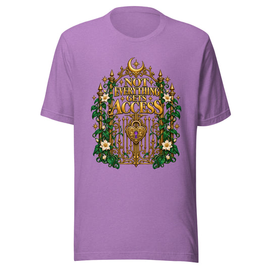 Not Everything Gets Access design, an ornate gold gate with a heart-shaped padlock, framed by ivy and white jasmine beneath a crescent moon, on a heather team purple unisex t-shirt, front view