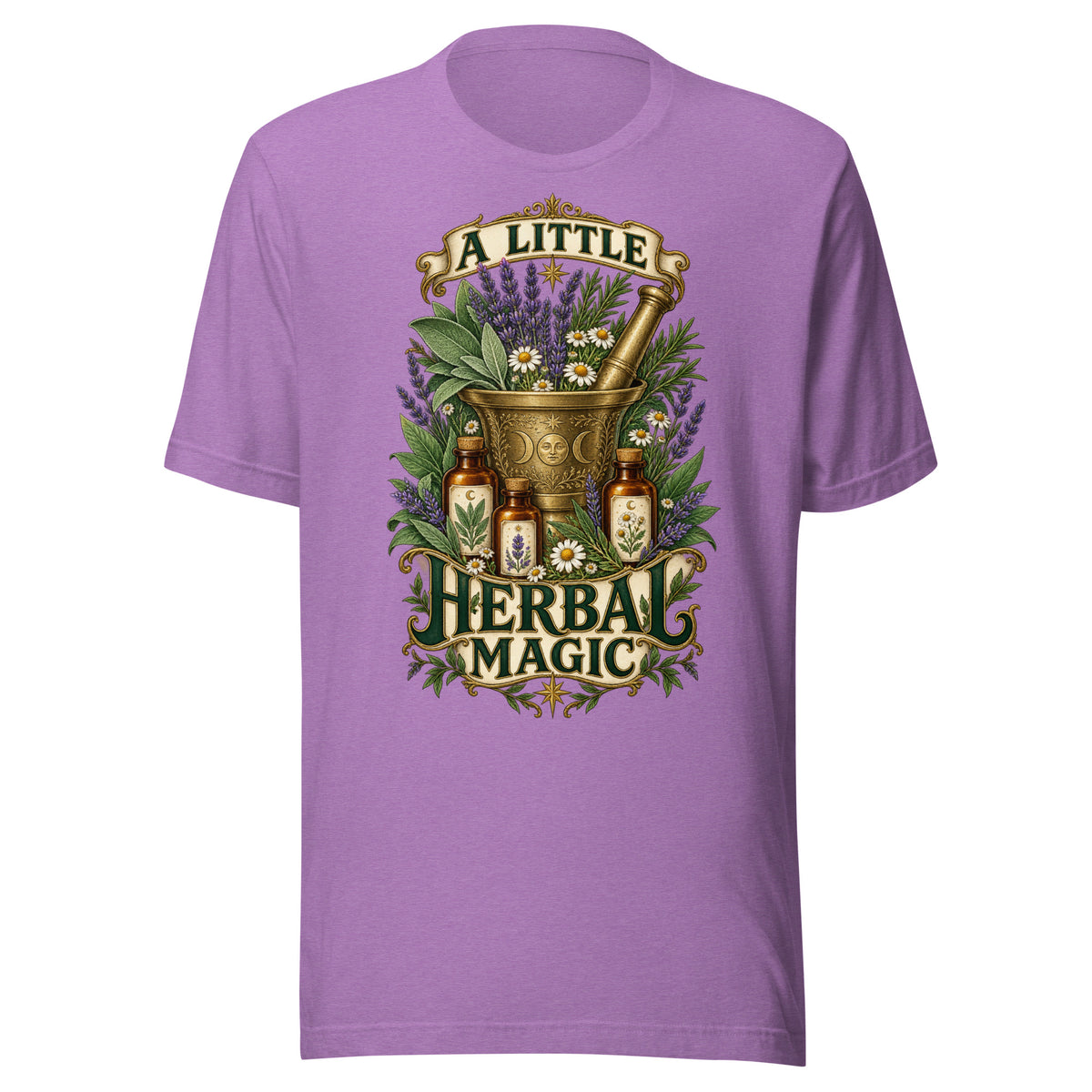 A Little Herbal Magic unisex t-shirt in heather team purple, front. Herbology design with sage, lavender and healing herbs.