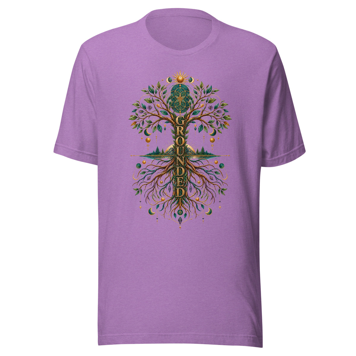 Grounded unisex t-shirt in heather team purple, front. An art nouveau tree of life with roots mirroring the branches, sun and moon phases above.