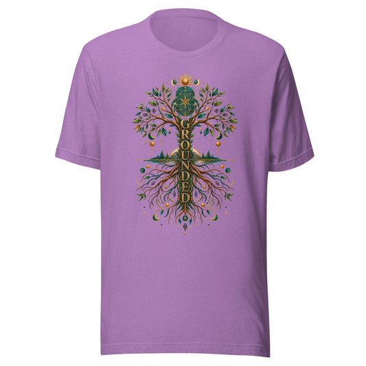 Grounded unisex t-shirt in heather team purple, front. An art nouveau tree of life with roots mirroring the branches, sun and moon phases above.