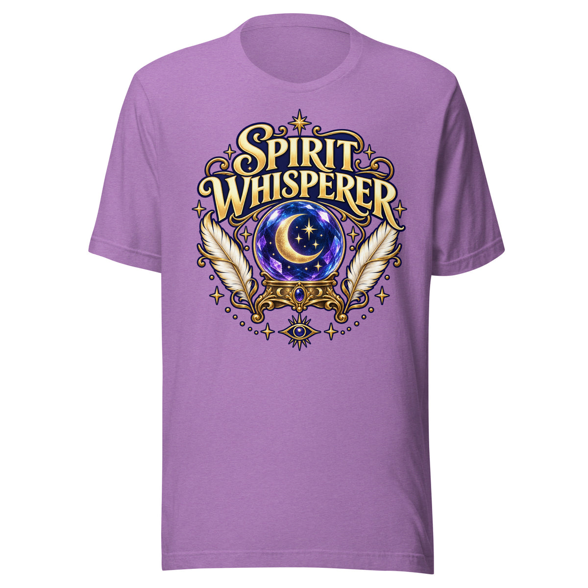 Spirit Whisperer unisex t-shirt in heather team purple, front. A crystal ball with a crescent moon and stars, flanked by feathers in a gold roundel.