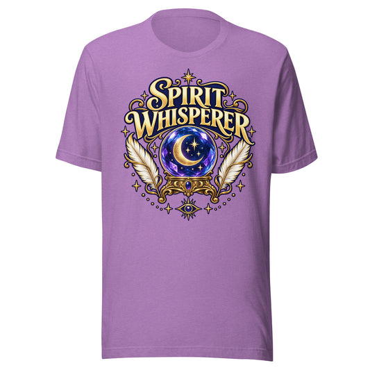 Spirit Whisperer unisex t-shirt in heather team purple, front. A crystal ball with a crescent moon and stars, flanked by feathers in a gold roundel.
