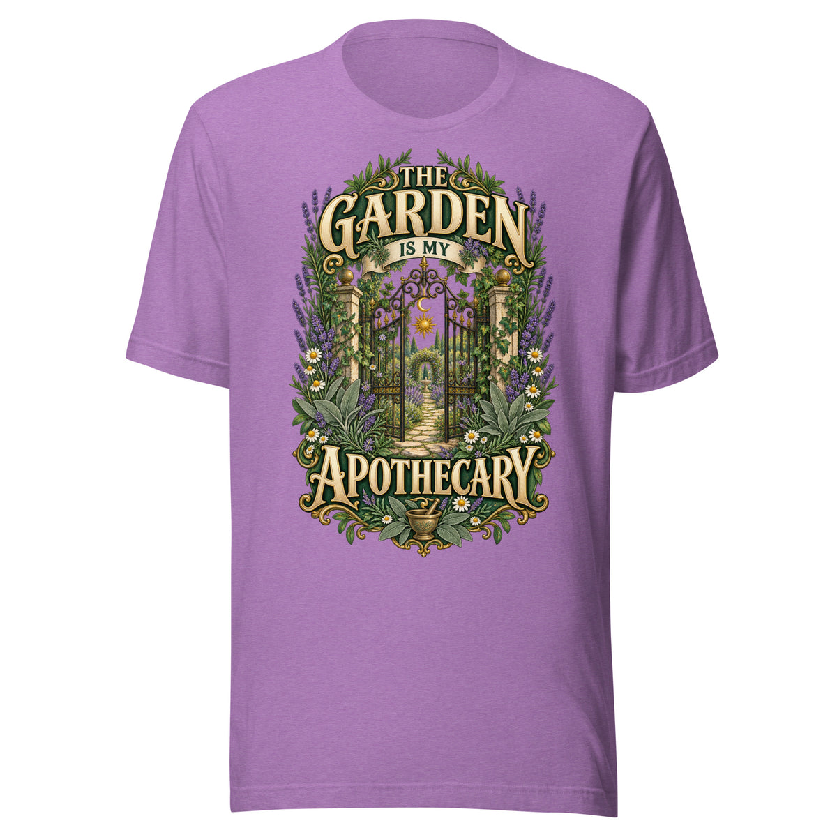 The Garden Is My Apothecary unisex t-shirt in heather team purple, front. Gold apothecary lettering with lavender, daisies, a mortar and pestle and amethyst.