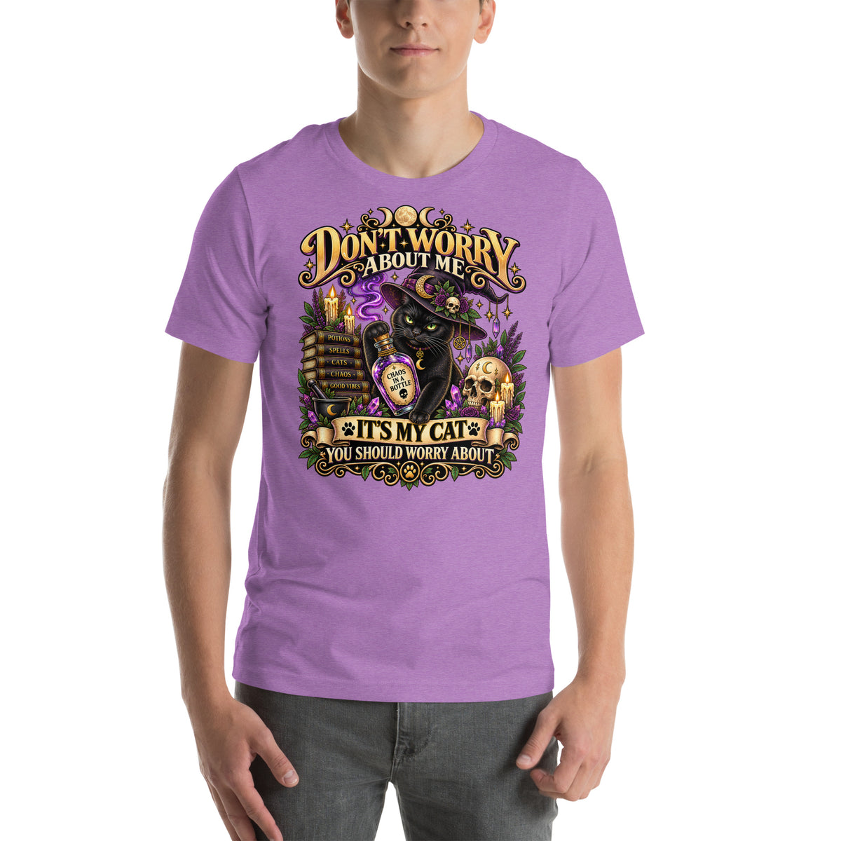 It's My Cat You Should Worry About black cat design on a Heather Team Purple unisex t-shirt, front view