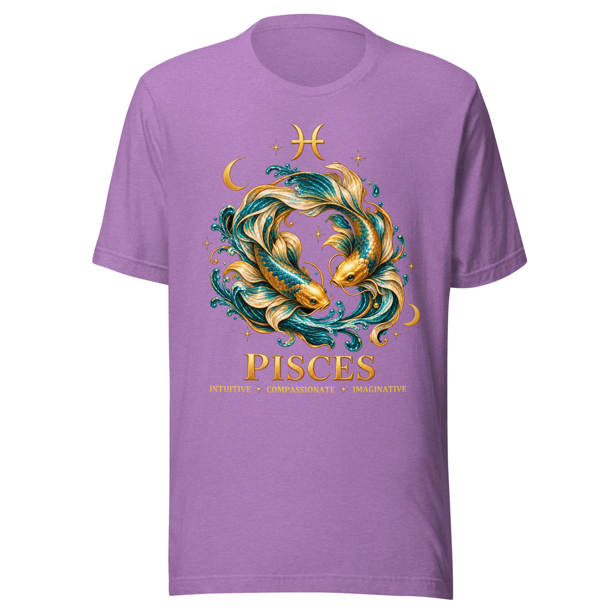 Pisces zodiac t-shirt in heather team purple, front: two gold and teal koi in a night sky of gold stars with the Pisces glyph