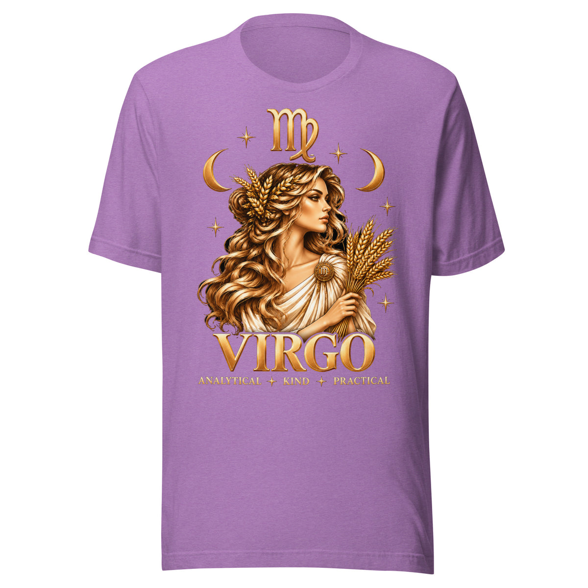Virgo zodiac t-shirt in heather team purple, front: a golden maiden holding a sheaf of wheat in a night sky of gold stars