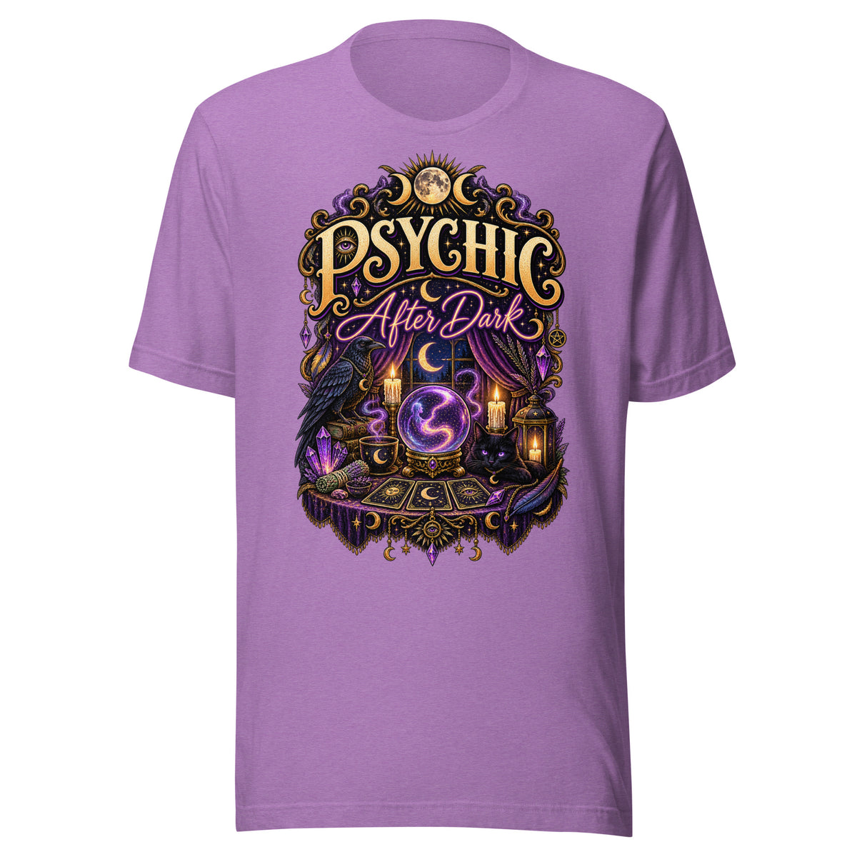 Psychic After Dark neon design, a black cat with a crystal ball, tarot cards and books, on a heather team purple unisex t-shirt, front view