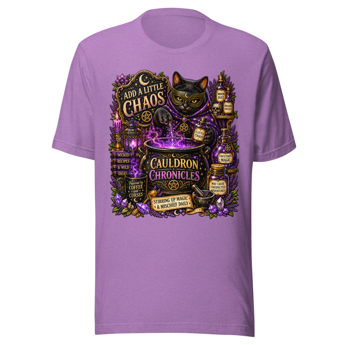 Add A Little Chaos design, a masked black cat stirring a bubbling purple cauldron, on a heather team purple unisex t-shirt, front view