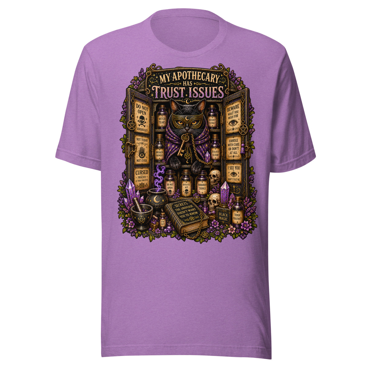 My Apothecary Has Trust Issues design, a masked black cat guarding a cabinet of labeled potions, on a heather team purple unisex t-shirt, front view