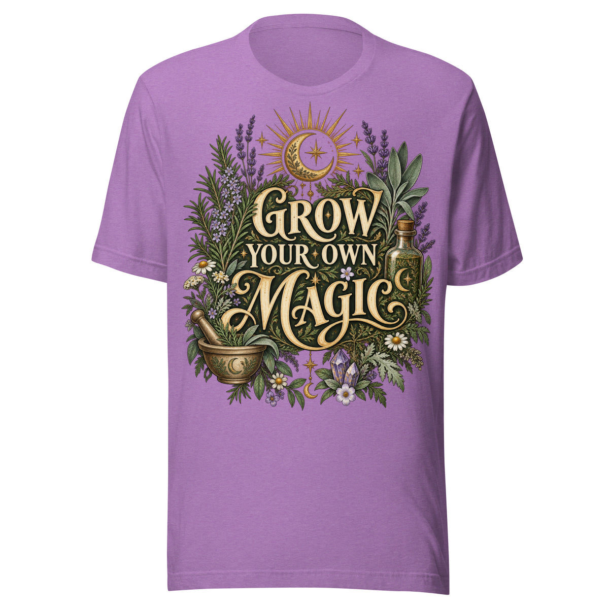 Grow Your Own Magic herbology design, herbs and a golden moon, on a heather team purple unisex t-shirt, front view