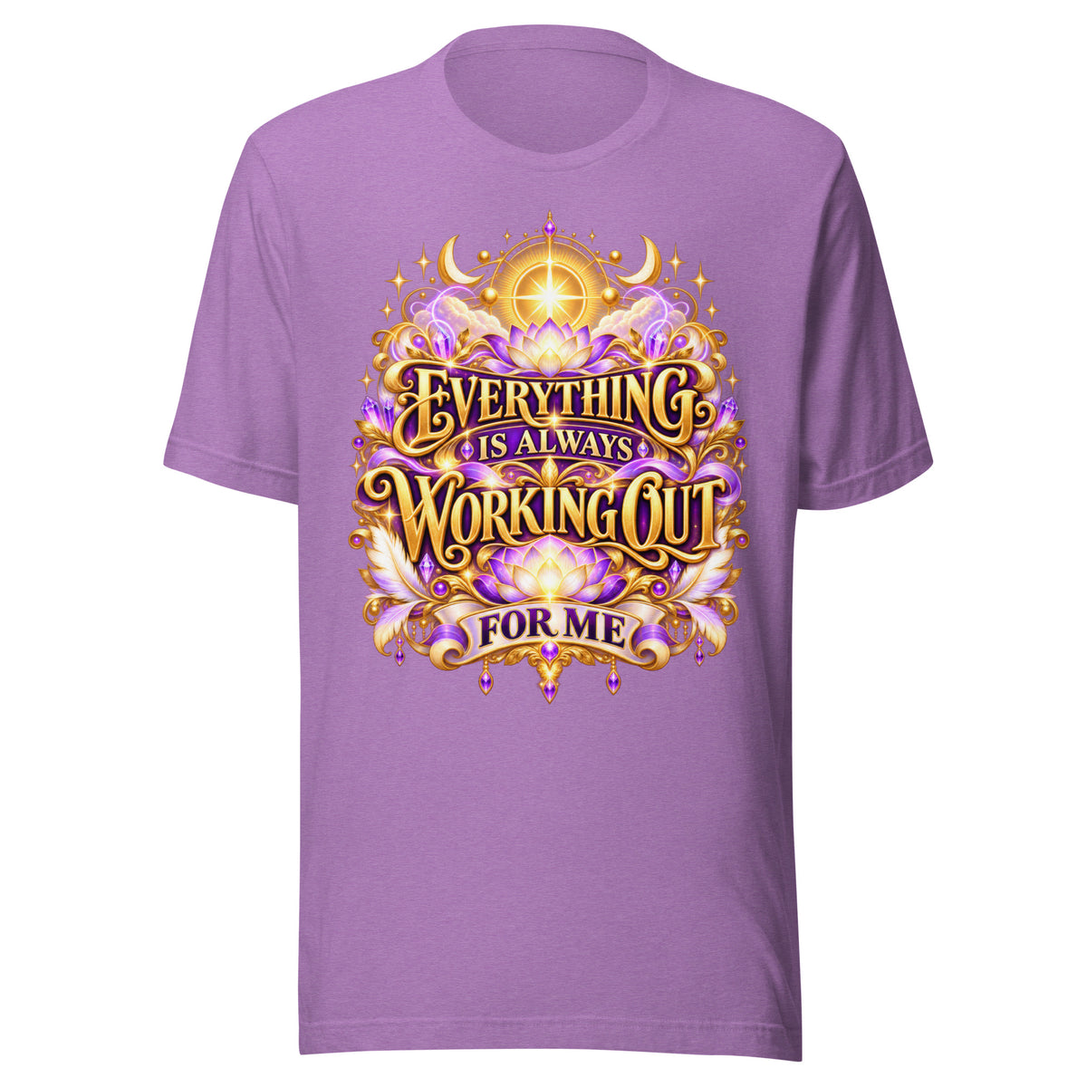 Everything Is Always Working Out For Me gold affirmation design with lotus and crescent moons, on a heather team purple unisex t-shirt, front view