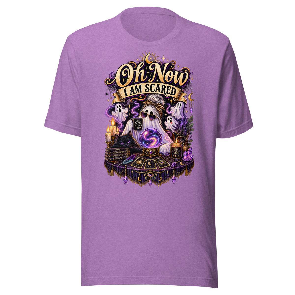 Oh Now I Am Scared design, a ghost in heart sunglasses reading a crystal ball with tarot cards, on a heather team purple unisex t-shirt, front view